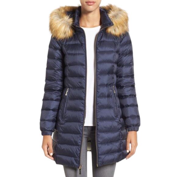 Kate Spade Bow Back Navy Down Puffer Long Coat Removable Fur Trim Hood Size S - Picture 1 of 16